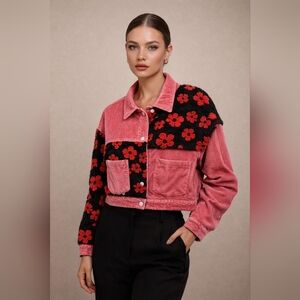 En Creme Pink and Black Floral Jean Jacket